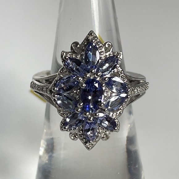 AAA Premium Tanzanite and Natural White Zircon Cluster Ring -- Size 5